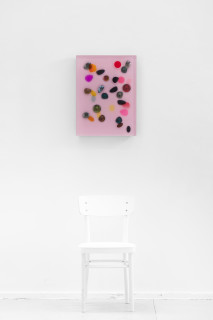 Jim Lambie January 1978, Pink Haze, 2026; resin, sunglasses lens, birch plywood, paint; 60 x 45 x 5 cm; enquire