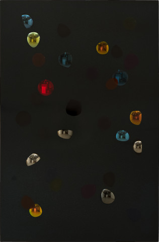 Jim Lambie October 1983, 
Beneath the darkest blue, 
Among the trees and night and air, 
We drank the stars undone, 2026; resin, sunglasses lens, birch plywood, paint; 91.5 x 61 x 5 cm; more info; enquire