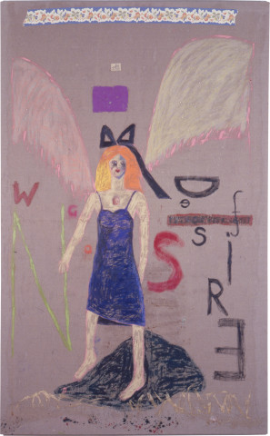 Jenny Watson Wings of Desire 2, 1989; oil, Indian pigments and haberdashery on Belgian linen; 298 x 184 cm; enquire