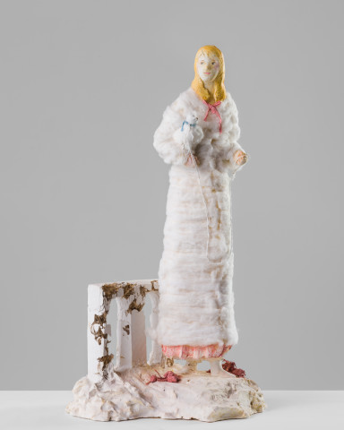 Linda Marrinon Woman with white dog, 2020; plaster and cotton wool; 65 x 33 x 27 cm; more info; enquire