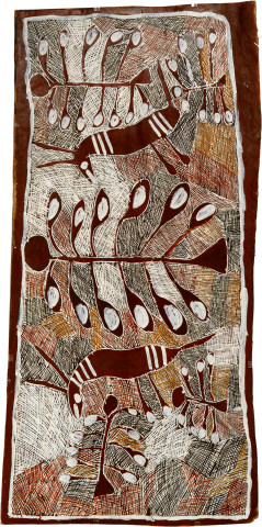 Nyapanyapa Yunupiŋu Buffalos in the Apples, 2008; natural earth pigments on bark; 152 x 72 cm; enquire