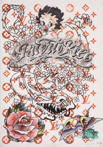 Wim Delvoye Untitled (tattoo drawing #4), 2007; pencil and coloured pencil on paper; 42 x 29.5 cm; enquire
