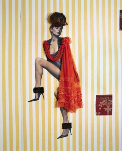 Jacqueline Fraser The Ventriloquist says, 2005; bobble braid, ruffle tulle, faux fur, wig, back light photo, French silk taffeta; 160 x 110 cm; enquire