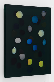 Jim Lambie May 1993, Petrichor Rising, 2026; resin, sunglasses lens, birch plywood, paint; 60 x 45 x 5 cm; enquire