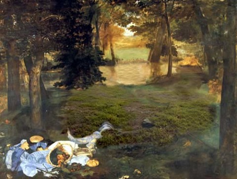 Julie Rrap Untitled (after Manet's Le Dejeuner sur l'herbe), 2002; from the series Fleshed Out; Vutek print; solvent pigment inks on canvas; 81 x 109.5 cm; Edition of 9; enquire
