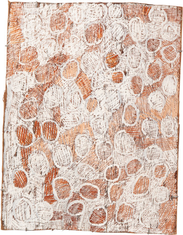 Nyapanyapa Yunupiŋu Mangutji #9, 2010; Natural earth pigments on bark
3909W; 80 x 61 cm; enquire