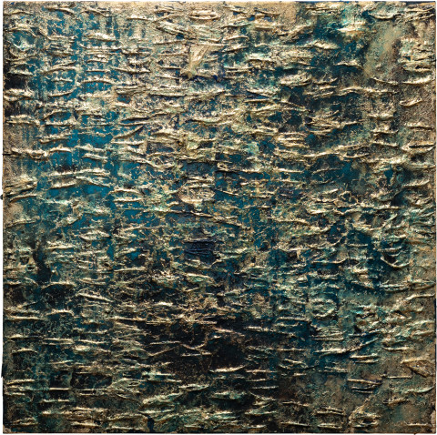 Kirtika Kain Blue Bloods VIII, 2023; cotton wicks, rangoli pigment, gold leaf, tar, artist pigment, acrylic paint; 120 x 120 cm; more info; enquire