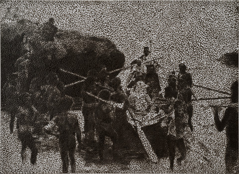 Daniel Boyd Untitled (BNH), 2013; oil, charcoal and archival glue on polyester; 122 x 168 cm; enquire