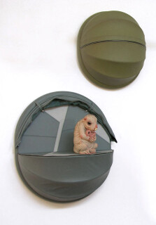 Patricia Piccinini 4. Nature's Little Helpers - Offspring (for the Leadbeater's Possum), 2005; silicon, fibreglass, leather, plywood, hair, 2 parts; 75 x 35 x 35 cm; Edition of 3 + AP 1; Enquire