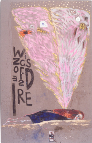 Jenny Watson Wings of Desire 1, 1989; oil, Indian pigments and haberdashery on Belgian linen; 280 x 180 cm; enquire