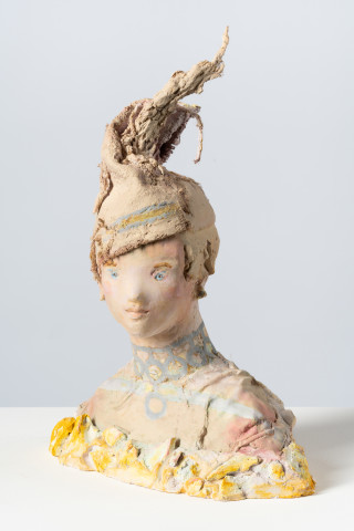 Linda Marrinon Woman with silver necklace, 2025; tinted and painted plaster with muslin; 46 x 33 x 16 cm; more info; enquire
