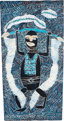Dhambit Munuŋgurr Bol'ŋu, 2023; 1265-23; acrylic on bark; 247 x 125 cm; enquire