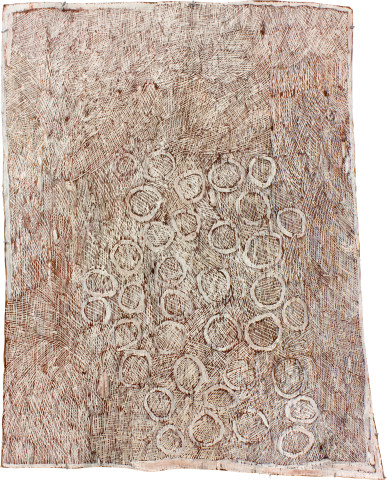 Nyapanyapa Yunupiŋu Some Circles, 2011; natural earth pigments on bark; 114 x 88 cm; enquire