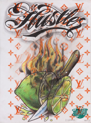 Wim Delvoye Untitled (tattoo drawing #6), 2007; pencil and coloured pencil on paper; 36 x 27 cm; enquire