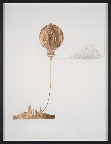 Caroline Rothwell Tethered Marine Balloon Particle Injector, 2014; Copper leaf, vehicle exhaust emission, acrylic binder on Arches hot pressed archival paper; 76 x 57cm (paper), 80.5 x 61.5cm (framed)