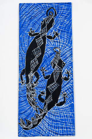 Dhambit Munuŋgurr Bäru, 2024; 7750-24; acrylic on bark; 225 x 92 cm; enquire