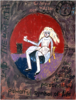 Jenny Watson Alice in Tokyo, 1984; oil, acrylic, ink and horse mane on hessian; 208 x 170 cm; enquire