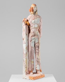 Linda Marrinon Woman in pink and white stone, 2026; tinted and painted plaster with muslin; 99 x 28 x 25 cm; enquire