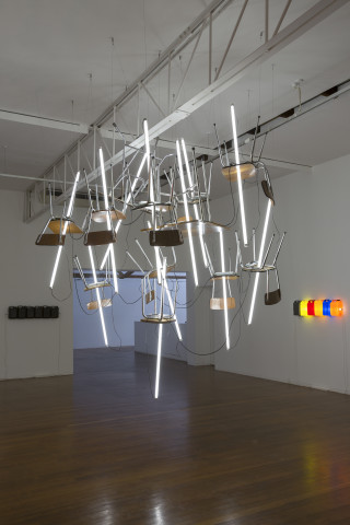 Bill Culbert 2 Drop, 2013; furniture, fluorescent tubes; dimensions variable; enquire