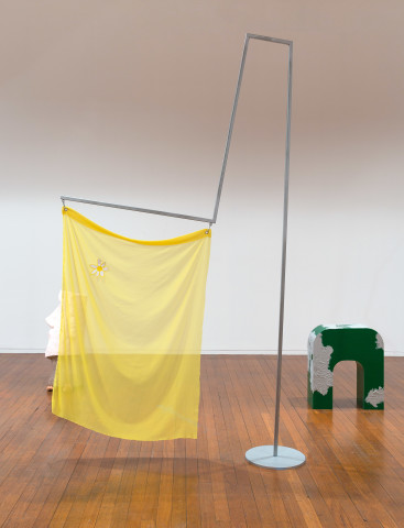 Mikala Dwyer Flags, 2018; painted steel, fabric, carabiner; 290 x 170 x 36 cm; (IV); enquire