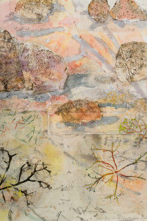 John Wolseley Walk across geological strata - Proterozoic to late Silurian: each step a million years III (detail), 2025-26; watercolour, graphite, charcoal and nature prints on paper; 107 x 124 cm; 134 x 149 cm (framed); enquire