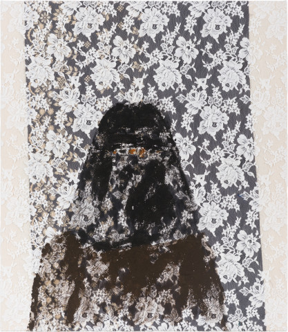 Jenny Watson Hijab, 2022; acrylic on vintage American fabric; 76 x 66 x 2 cm; more info; enquire