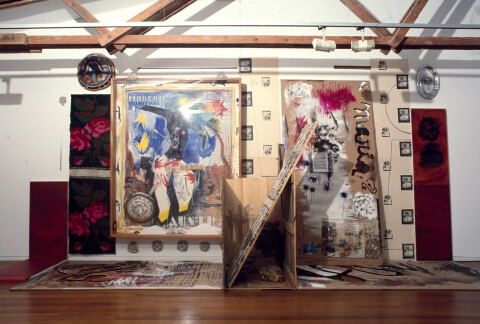 Juan Davila Agit-Prop Train, 1991; oil on canvas & board & collage; 564 x 277 x 143 cm; enquire