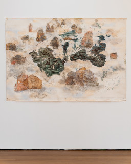 John Wolseley Walk across geological strata - Proterozoic to late Silurian: each step a million years I, 2025-26; watercolour, nature prints, and frottage on paper; 140 x 201 cm; enquire