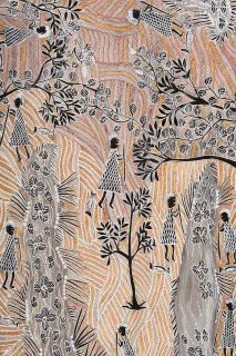 Yalmakany Marawili Women Harvesting Lillies (detail), 2025; 1894-25; earth pigments on stringybark; 169 x 78 cm; enquire