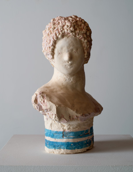 Linda Marrinon Bust with blue stripes, 2013, tinted and painted plaster, 38 × 26 × 15cm