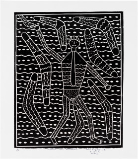 Robert Campbell Jnr Warrior and Boomerangs, 1987; lino cut; 39 x 30 cm; Edition of 20; enquire