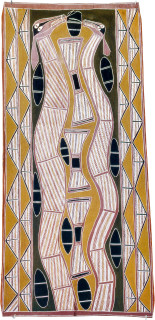 Les Midikuria Borlang Serpent, 1993; natural ochre pigments on bark; 59 x 132 cm; enquire