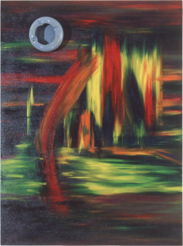 Dale Frank Red trees and yellow trees with a meteor, 1984; acrylic and mixed media on canvas; 122 x 91 cm; enquire