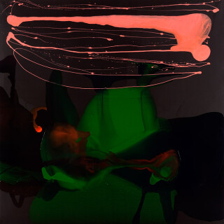 Dale Frank 23. He glanced to the side noticing the determined grimace of the back and forth frozen mouth clown in the car traveling beside his. Was it a mocking expression from the Korean driver., 2009; varnish and acrylic on canvas; 200 x 200 cm; enquire