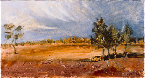 Mandy Martin Ram Paddock Overlooking Horse-Spell Paddock, 1997; oil, ochre, pigment on linen; 56 x 30 cm; enquire