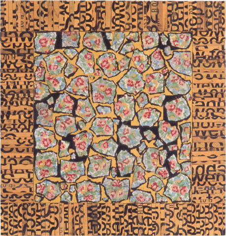 Rosalie Gascoigne Gaudy Night, 1992; sawn / split soft drink crates, torn linoleum and retro-reflective roadsign on plywood; 79.5 x 76 cm; enquire