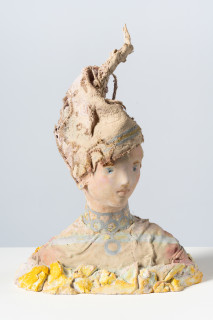 Linda Marrinon Woman with silver necklace, 2025; tinted and painted plaster with muslin; 46 x 33 x 16 cm; enquire