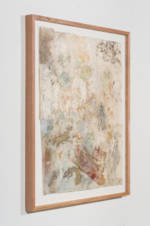 John Wolseley Mimesis - Leaf-tailed geckos on bark, moss and lichen II, 2025; watercolour, graphite, nature prints and found woodblock prints on paper; 102 x 83 cm; 120 x 101 cm (framed); enquire