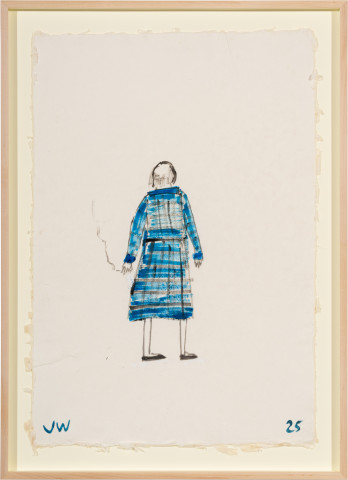 Jenny Watson Figure in a dressing gown, 2025; acrylic on Japanese rice paper; 91.5 x 66.5 cm; enquire