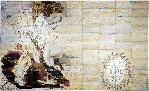 Imants Tillers The Philosopher's Walk, 2009; acrylic, gouache on 99 canvasboards, no. 84647 - 84745; 224 x 366 cm; enquire