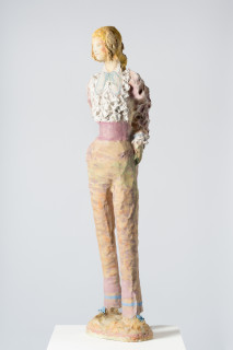 Linda Marrinon Woman with pink cummerbund, 2025; painted plaster and muslin; 118 x 30 x 18 cm; enquire