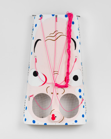 Claire Healy and Sean Cordeiro Hyottoko, 2020; Kiowa utility helicopter engine cowl assembly, acrylic gouache, polyester cord; 107 x 60 x 14 cm; more info; enquire