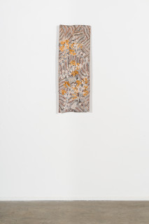 installation view; Yalmakany Marawili Galaḏay, 2025; 3629-25; earth pigments on stringybark; 96.5 x 35 cm; enquire