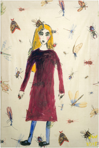 Jenny Watson Girl in a dress, 2015; acrylic on insect pattern cotton; 91 x 61 cm; enquire