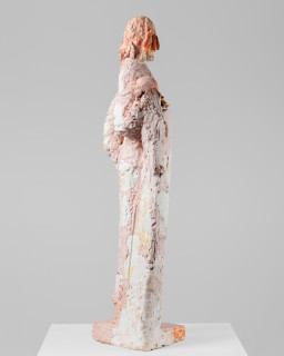 Linda Marrinon Woman in pink and white stone, 2026; tinted and painted plaster with muslin; 99 x 28 x 25 cm; enquire