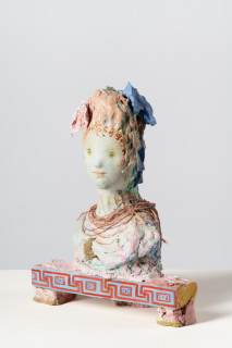 Linda Marrinon Woman with coral necklace, 2025; tinted and painted plaster, hessian and terracotta; 36 x 27 x 13 cm; enquire