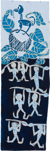 Dhambit Munuŋgurr Dambung'thun - Dancers at Wandawuy, 2021; 1774-21; earth pigments and acrylic on bark; 178 x 58 cm; more info; enquire