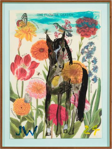 Jenny Watson Black colt and flowers, 2024; gouache on Italian posters; 80.5 x 60.5 cm; more info; enquire
