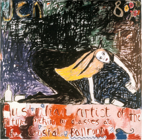 Jenny Watson Australian Artist of the Future Picking Up Glasses at the Crystal Ballroom, 1987; oil, gouache, acrylic, silk cut-outs on duck; 152.5 x 152.5 cm; enquire