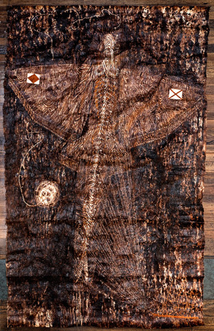 Fiona Hall Sinking Feeling, 2012; Tongan ngatu dye and ochre on barkcloth; 330 x 220 cm; enquire